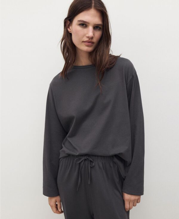 マンゴ レディース アンダーウェア ナイトウェア コットン MANGO Women's Two-Piece Plain Cotton Pajamas Charcoal チャコール|ReVida 店
