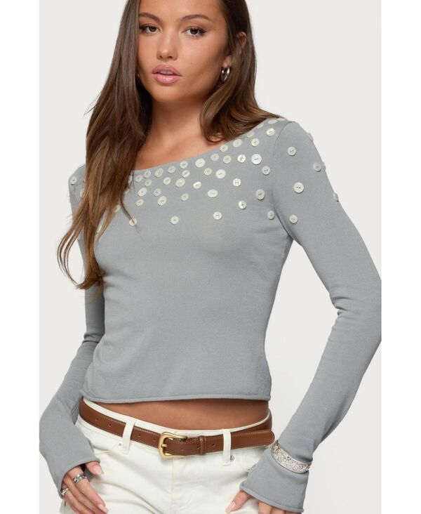 アディクテッド レディース アウター ニット・セーター Edikted Womens Iridescent Button Boat Neck Top Light-gray グレー｜ReVida 店