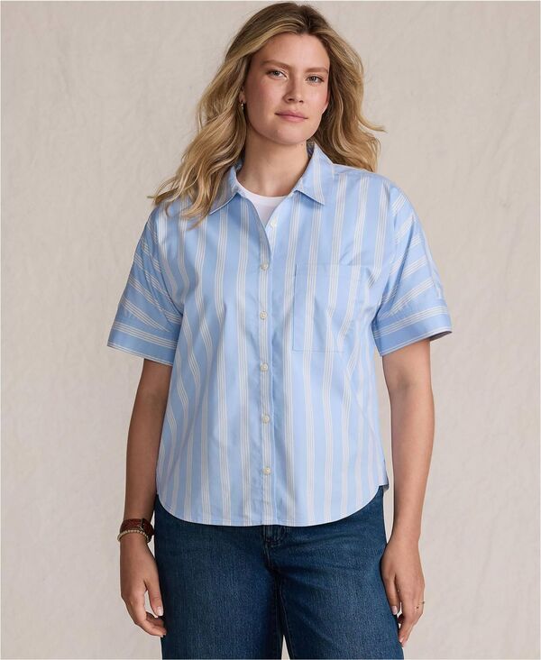 ランズエンド レディース トップス シャツ Lands' End Women's Cooling Elbow Sleeve Button Front Shirt Clear blue sky quad stripe ブルー