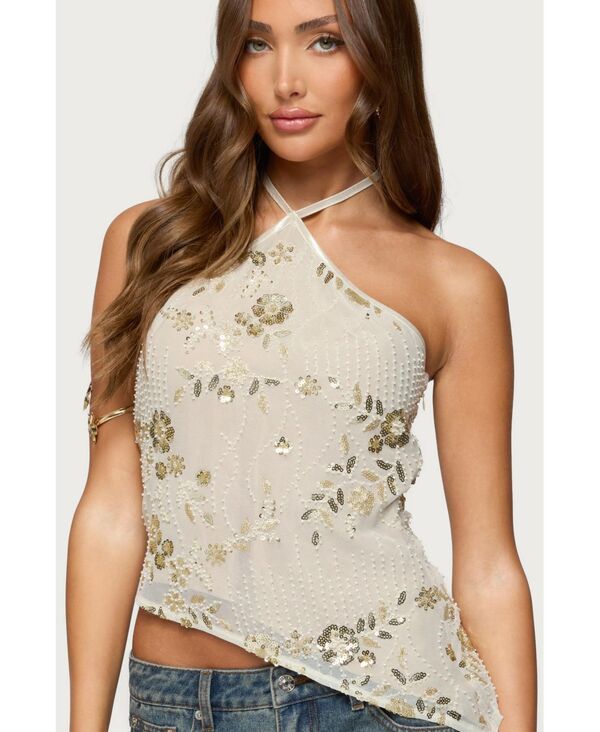 アディクテッド レディース トップス シャツ アシンメトリー スパンコール ホルター Edikted Womens Beaded Sequin Asymmetric Halter Top Beige ベージュ
