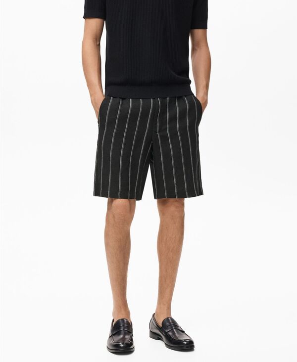 マンゴ メンズ ボトムス ハーフパンツ・ショーツ ショートパンツ リネン MANGO Men's Striped Linen-Blend 8.5 Bermuda Shorts Charcoal チャコール|ReVida 店