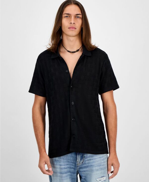 ゲス メンズ トップス プルオーバー GUESS Men\u0027s Tristan Short Sleeve Textured Button-Front Shirt Jet Black 黒いこと