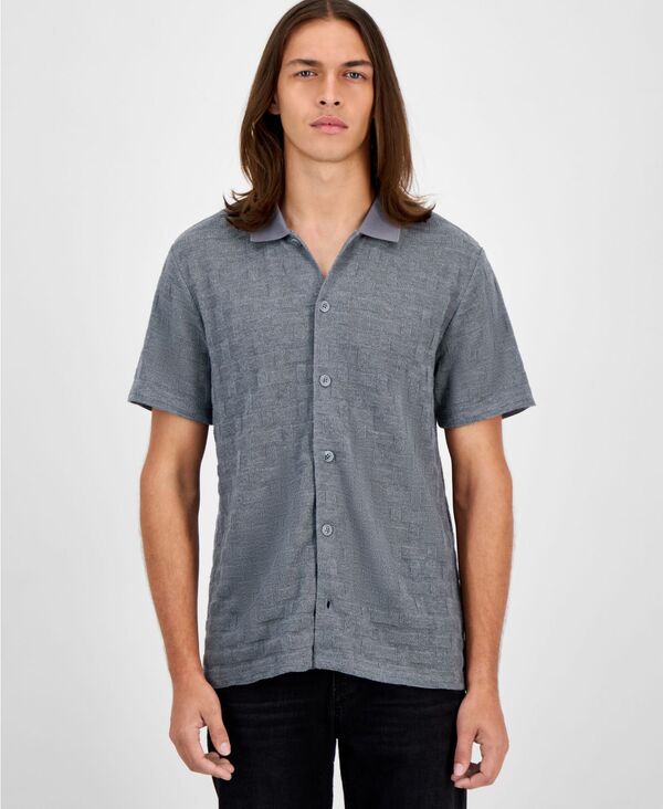 ゲス メンズ トップス プルオーバー GUESS Men\u0027s Tristan Short Sleeve Textured Button-Front Shirt Overcast Heather Gray 薄墨色