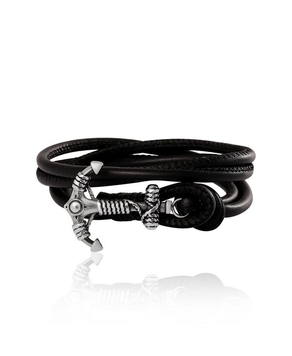 ラッキーブランド メンズ アクセサリー ブレスレット・バングル・アンクレット レザー Lucky Brand Mens Black Leather Anchor Wrap Bracelet with Adjustable Fit Black/silver ブラック