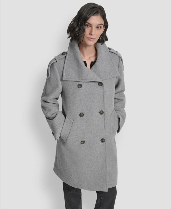 ダナ キャラン ニューヨーク レディース アウター ジャケット・ブルゾン スタンドネック コート DKNY Women's Double-Breasted Funnel Neck Military Coat Light Grey Melange グレー
