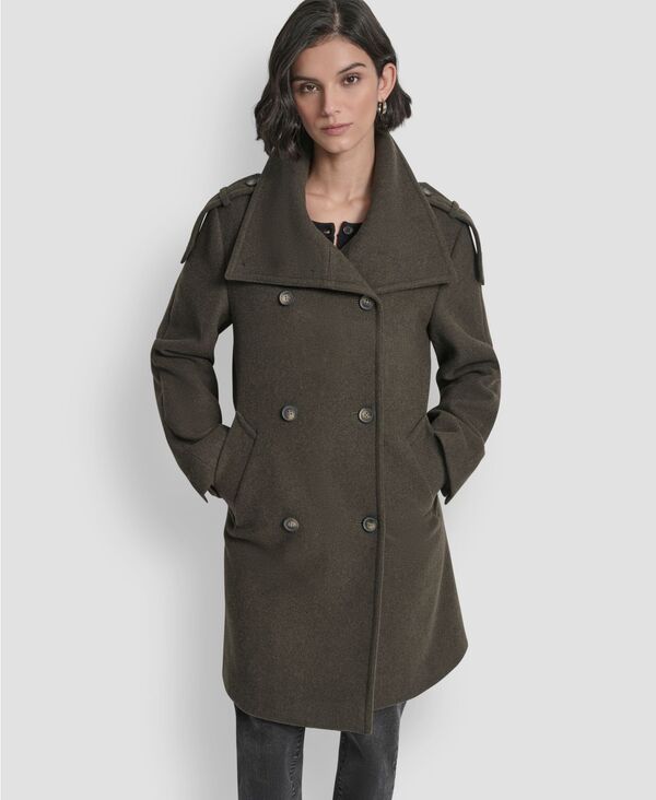 ダナ キャラン ニューヨーク レディース アウター ジャケット・ブルゾン スタンドネック コート DKNY Women's Double-Breasted Funnel Neck Military Coat Loden Melange