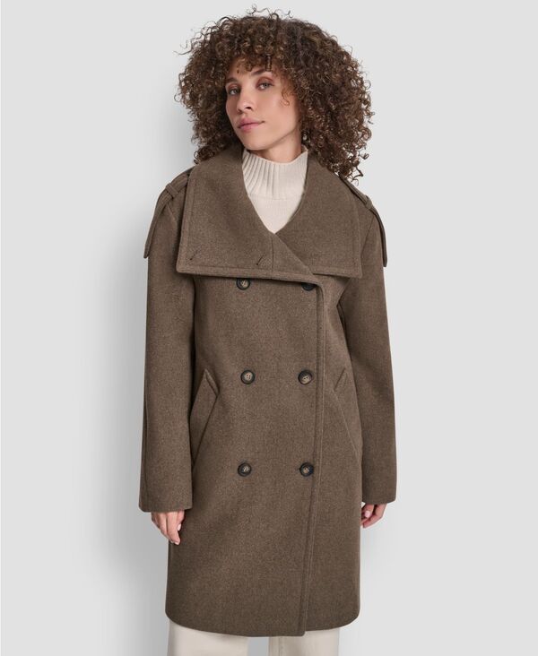 ダナ キャラン ニューヨーク レディース アウター ジャケット・ブルゾン スタンドネック コート DKNY Women's Double-Breasted Funnel Neck Military Coat Taupe Melange トープ
