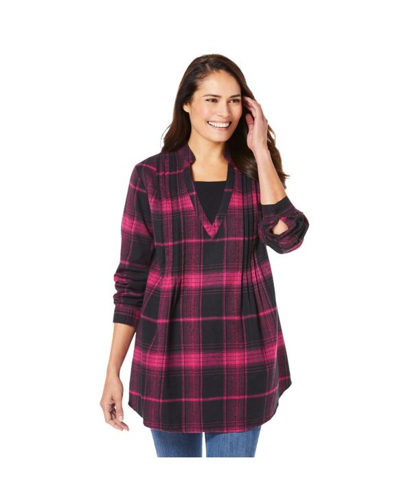 ウーマン ウィズイン レディース トップス シャツ プラスサイズ Woman Within Plus Size Flannel Tunic With Layered Look Pink black plaid ブラック