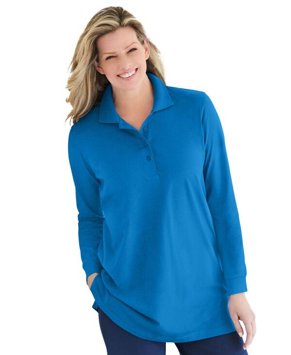 ウーマン ウィズイン レディース トップス シャツ ポロシャツ プラスサイズ 長袖 Woman Within Plus Size Long-Sleeve Polo Shirt Bright cobalt コバルト