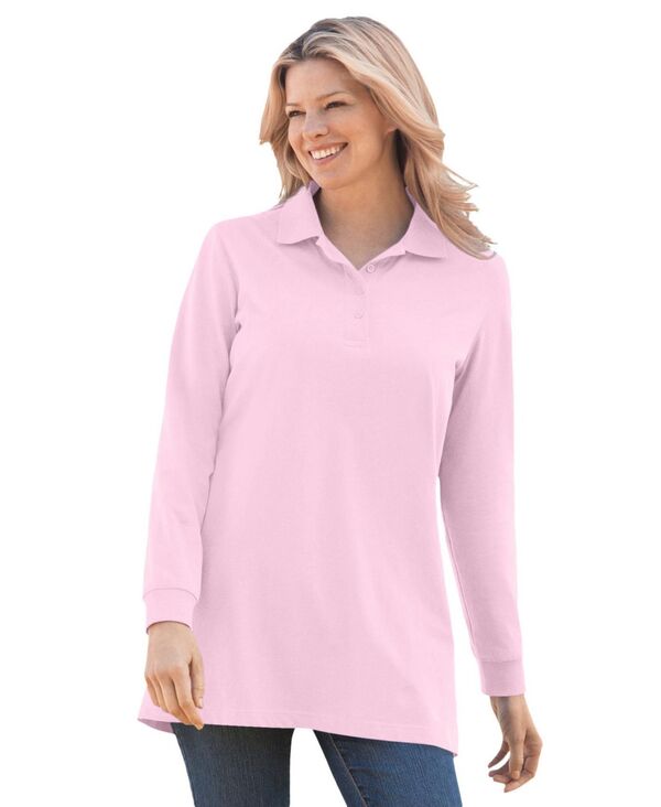 ウーマン ウィズイン レディース トップス シャツ ポロシャツ プラスサイズ 長袖 Woman Within Plus Size Long-Sleeve Polo Shirt Pink ピンク｜ReVida 店