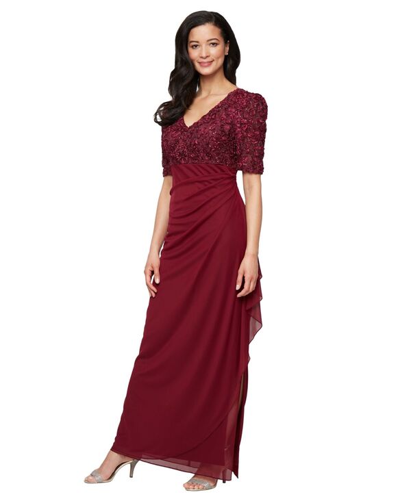 アレックスイブニングス レディース トップス ワンピース A ライン パフスリーブ Alex Evenings Women's Embellished Puff-Sleeve A-Line Dress WINE ワイン