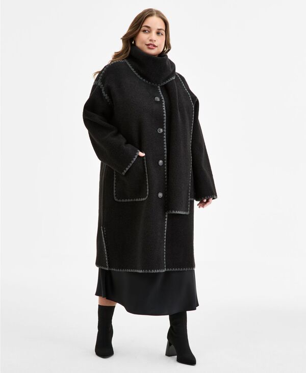 ビーシービージーマックスアズリア レディース アウター ジャケット・ブルゾン プラスサイズ コート BCBGMAXAZRIA Plus Size Button-Front Edge-Stitch Scarf Coat Black ブラック|ReVida 店