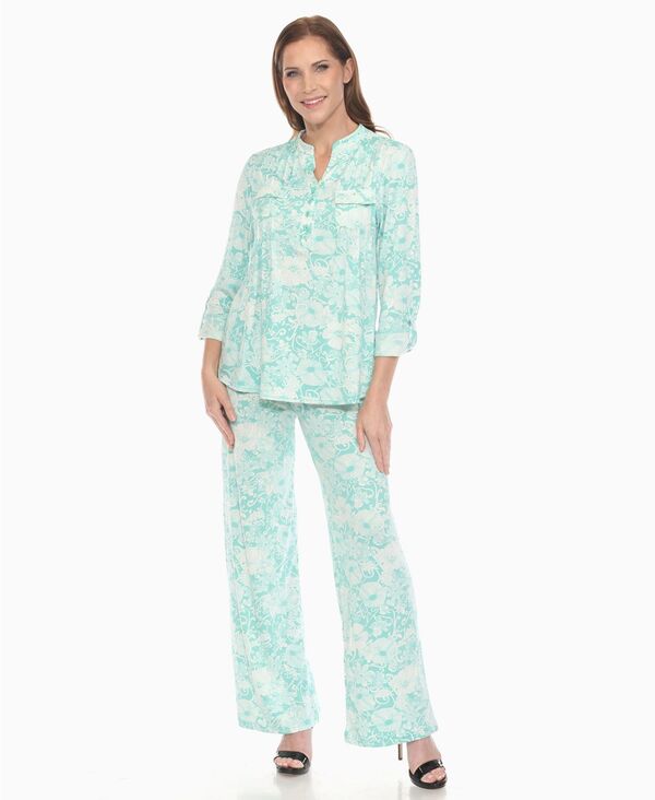 ホワイトマーク レディース ボトムス カジュアルパンツ フラワー柄 プリント パンツ フラワー White Mark Women's 2-Piece Floral Print Tunic Top and Pants Set Mint ミント｜ReVida 店
