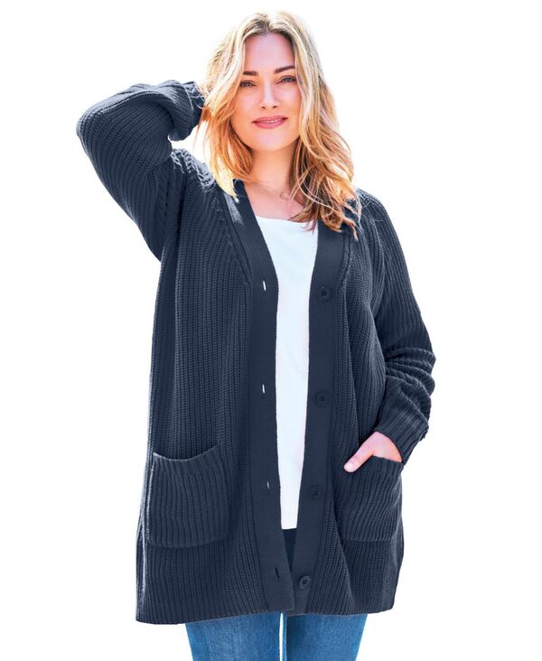 成人女性 ウィズはたご屋 レディース アウター 編み物・プルオーバー 付け加える大いさ ジレー Woman Within Plus Size Within Button-Front Shaker Cardigan Navy 米国海軍 ニット・セーター-トップス-レディースファッション