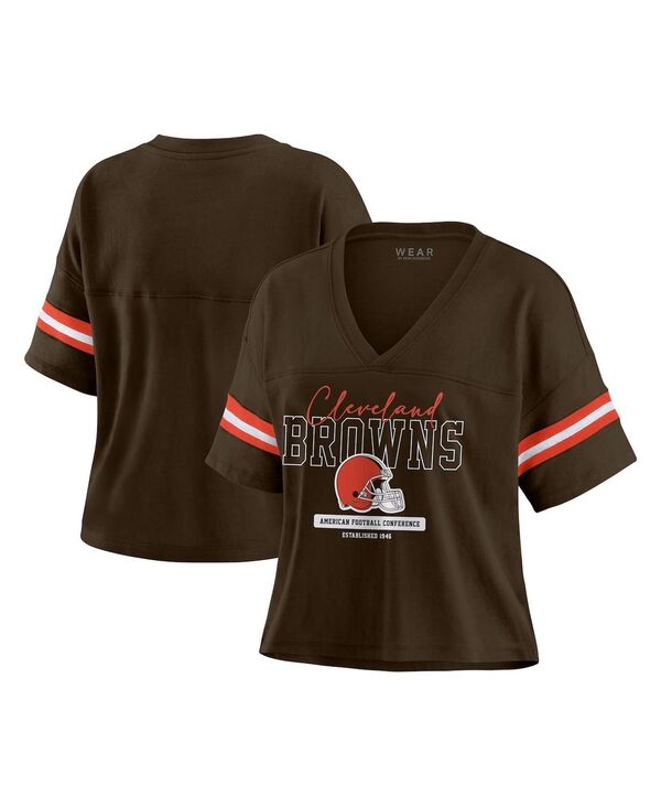 ウェア バイ エリン アンドルーズ レディース トップス Tシャツ Vネック シャツ WEAR by Erin Andrews Women's Brown Cleveland Browns Color Block Boxy Modest Crop V-Neck T-Shirt Brown ブラウン