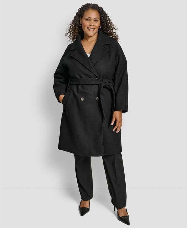 ダナ キャラン ニューヨーク州 レディース アウター 上衣・上衣 付け加える大いさ 厚地の外套 DKNY Plus Size Belted Notch Collar Coat Black 黒いこと レディースファッション-コート・ジャケット