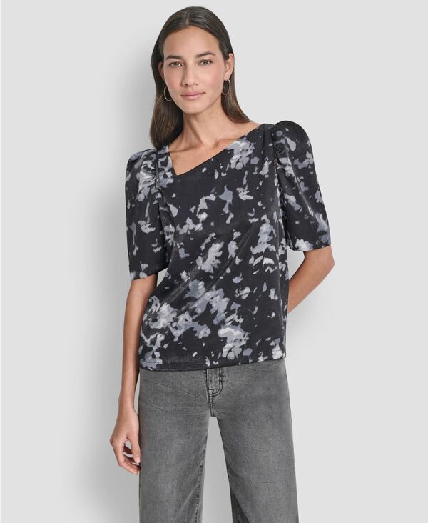 ダナ キャラン ニューヨーク レディース トップス シャツ プリント DKNY Women's Short Sleeve Printed Top Black Abstract Bouquet ブラック 6,636円
