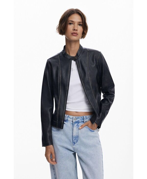 デジグアル レディース アウター ジャケット・ブルゾン レザー ジャケット Desigual Women's Jacket with worn leather effect Black ブラック
