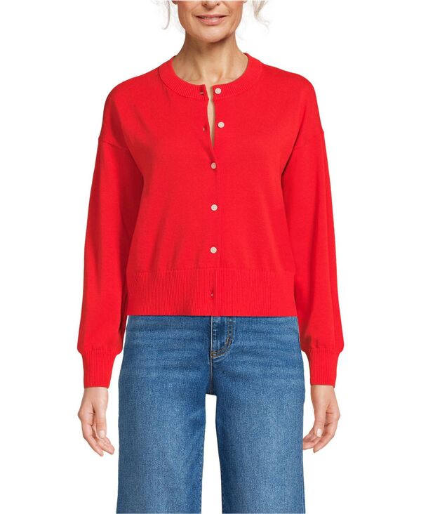 ランズエンド レディース アウター ニット・セーター クルーネック セーター カーディガン クロップド Lands' End Women's Cropped Fine Gauge Crew Neck Cardigan Sweater Coral red レッド