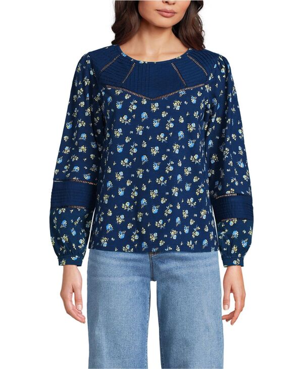 ランズエンド レディース トップス シャツ Lands' End Women's Long Sleeve Slub Pintuck Top Deep sea dainty floral