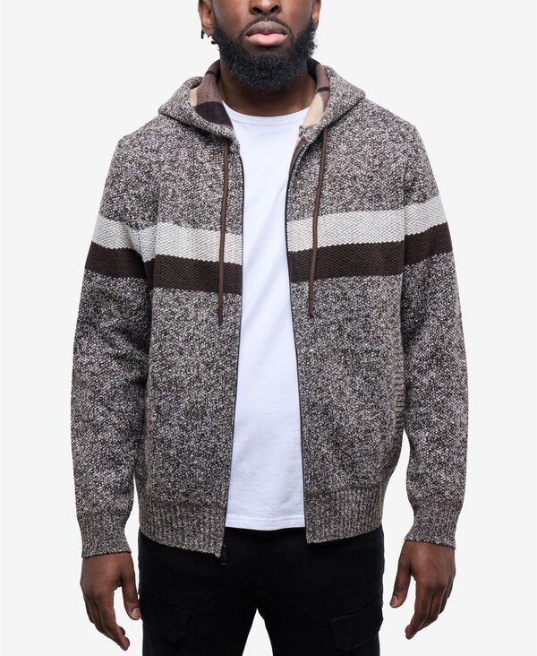 カルチュラ メンズ アウター ニット・セーター フリース CULTURA Men's Hooded Fleece Lined Full Zip Sweater With Stripes Dusty chocolate/oatmeal チョコレート｜ReVida 店