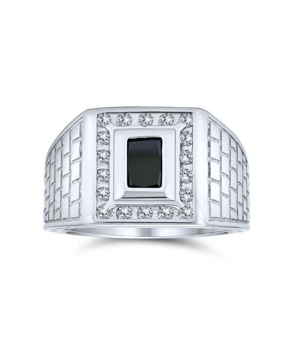 ブリング レディース アクセサリー リング Bling Jewelry Blue Emerald Cut CZ Statement Ring Brick Pattern Sterling Silver Band Black ブラック
