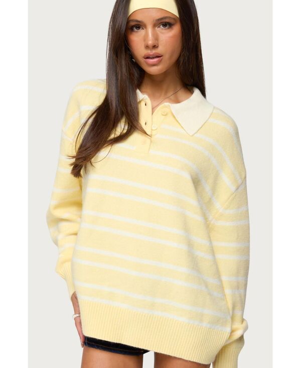 アディクテッド レディース アウター ニット・セーター ポロシャツ セーター Edikted Womens Rilynn Striped Polo Sweater Yellow-and-white ホワイト