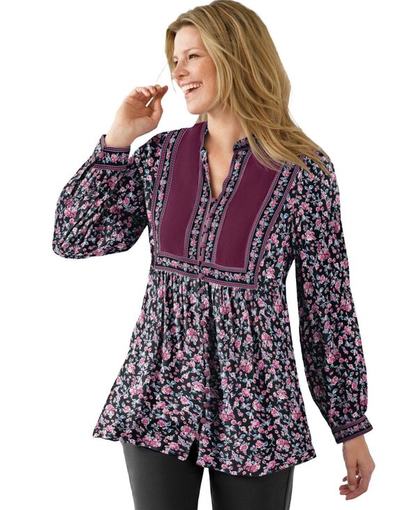 ウーマン ウィズイン レディース トップス シャツ プラスサイズ プリント Woman Within Plus Size Within Button-Front Mixed Print Tunic Black rose garden ブラック