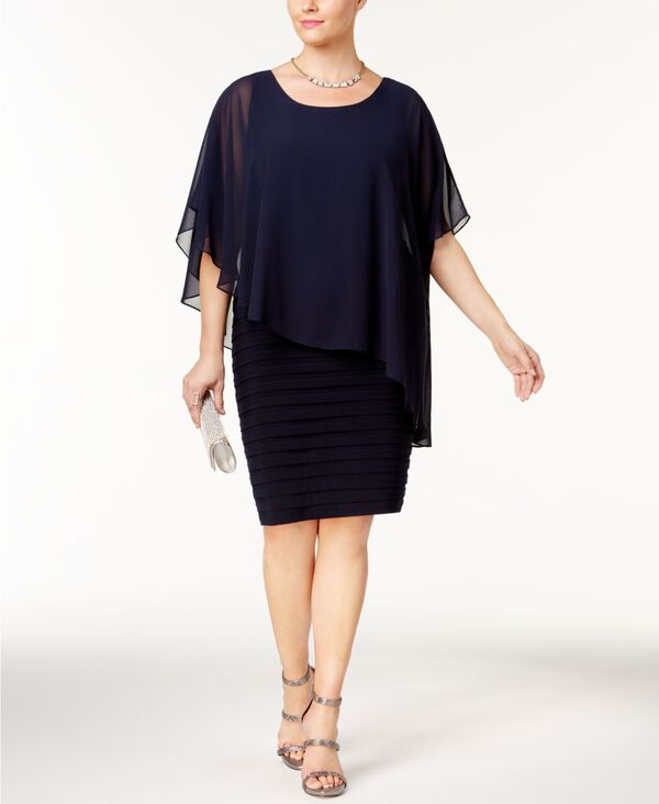 ベッツィアンドアダム レディース トップス ワンピース シフォン プラスサイズ キャップ ケープ Betsy & Adam Plus Size Chiffon Capelet Sheath Dress Navy ネイビー