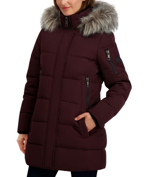 ナウティカ レディース アウター ジャケット・ブルゾン コート Nautica Women's Faux-Fur-Trim Hooded Puffer Coat Burgundy バーガンディ