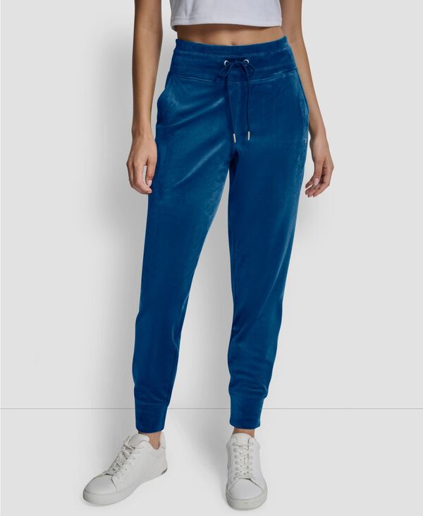ダナ キャラン ニューヨーク レディース ボトムス カジュアルパンツ スリムフィット ジョガーパンツ ロゴ DKNY Women's Platinum Velour Rhinestone Logo Slim Fit Joggers Poseidon