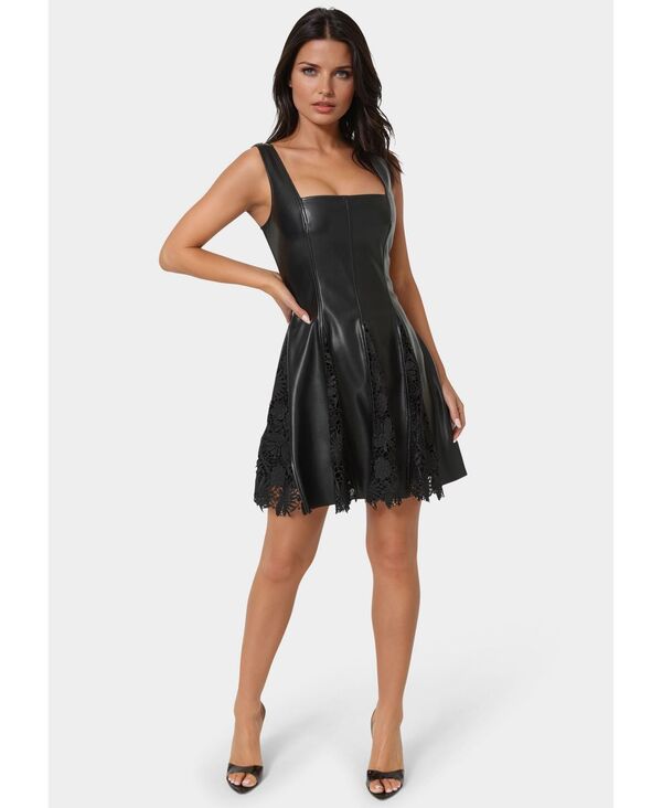 ベベ レディース トップス ワンピース レース レザー フェイクレザー Bebe Women's Faux Leather Lace Inset Flare Dress Black ブラック