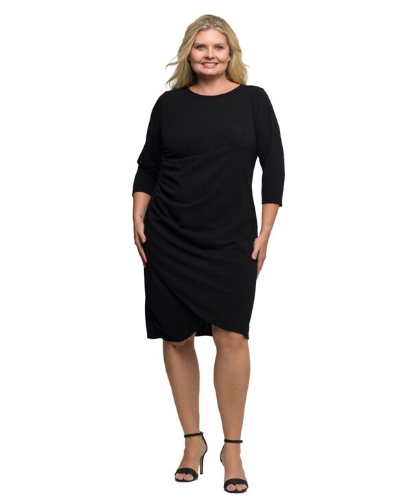 24 セブンコンフォート レディース トップス ワンピース ミニワンピース プラスサイズ ギャザー ミニ 24seven Comfort Apparel Plus Size Three Quarter Sleeve Ruched Tulip Hem Mini Dress Black ブラック