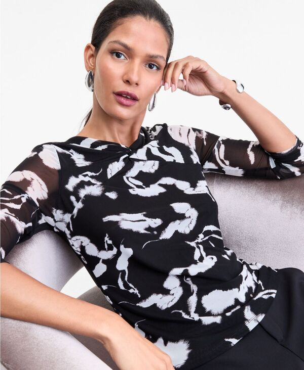 アイ.エヌ.シー インターナショナル コンセプト レディース トップス シャツ プリント メッシュ I.N.C. International Concepts Women's Twist-Neck Printed Mesh Top Dahlia Black ブラック