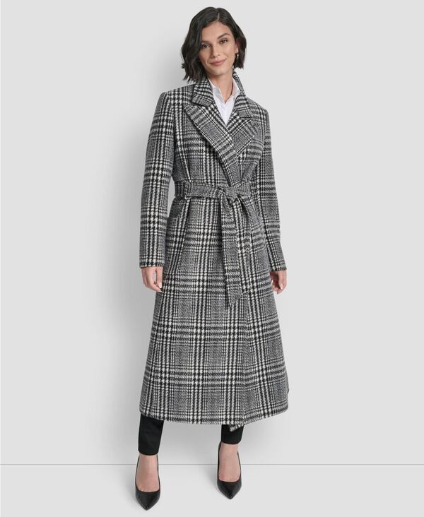ダナ キャラン ニューヨーク レディース アウター ジャケット・ブルゾン コート DKNY Women's Notch Collar Belted Wrap Coat Herringbone Black White ホワイト