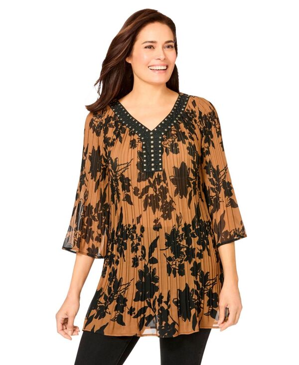ウーマン ウィズイン レディース トップス シャツ プラスサイズ プリーツ ブラウス Woman Within Plus Size Embellished Pleated Blouse Toffee shadow