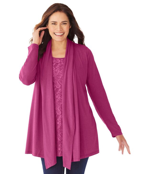 ウーマン ウィズイン レディース トップス シャツ プラスサイズ カーディガン レース Woman Within Plus Size Within 2-Fer Cardigan & Attached Lace Tunic Raspberry
