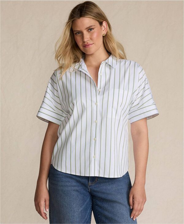 ランズエンド レディース トップス シャツ Lands' End Women's Cooling Elbow Sleeve Button Front Shirt Winter pear twin stripe ストライプ