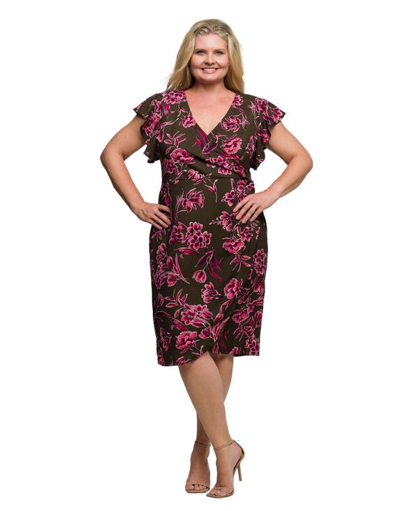 24 セブンコンフォート レディース トップス ワンピース ラップワンピース フラワー柄 プラスサイズ フラワー 24seven Comfort Apparel Plus Size Brown and Pink Floral Flutter Sleeve Wrap Dress Multi マルチカラー｜ReVida 店