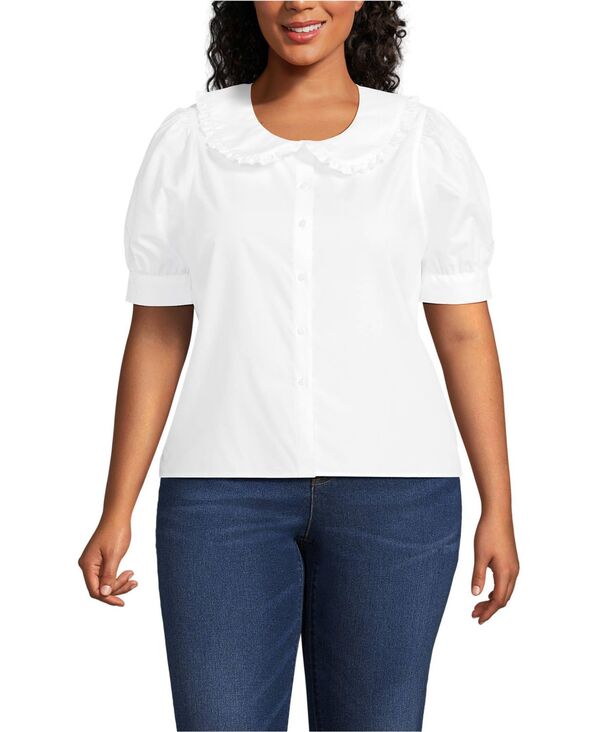 ランズエンド レディース トップス シャツ プラスサイズ コットン Lands' End Plus Size Carefree Cotton Puff Sleeve Statement Collar Shirt White ホワイト