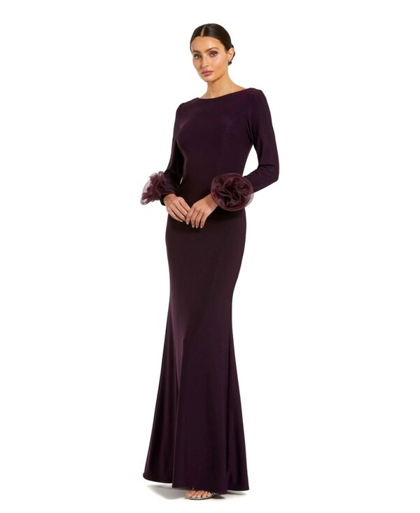 マックダガル レディース トップス ワンピース ジャージー Mac Duggal Women's Long Sleeve Fitted Jersey Gown With 3D Flowers Amethyst｜ReVida 店