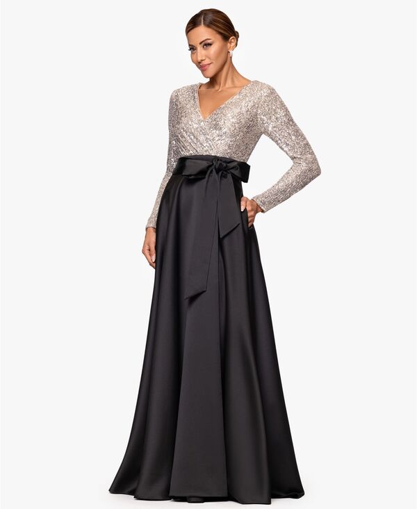 エスケープ レディース トップス ワンピース スパンコール XSCAPE Women's Sequinned Long Sleeve Ballgown Dress Black Nude Silver ブラック