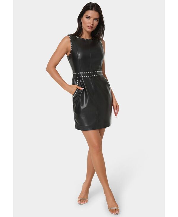 ベベ レディース トップス ワンピース レザー フェイクレザー Bebe Women's Faux Leather Stud Seam Dress Black silver ブラック