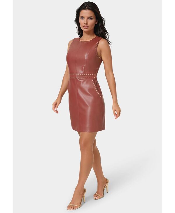 ベベ レディース トップス ワンピース レザー フェイクレザー Bebe Women's Faux Leather Stud Seam Dress Wine ワイン