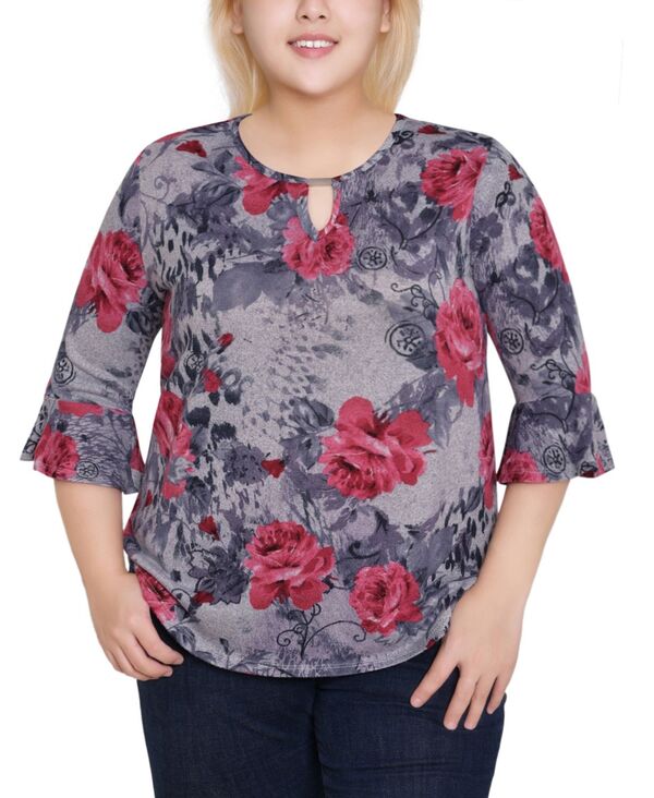 ニューヨークコレクション レディース トップス シャツ プラスサイズ NY Collection Plus Size 3/4 Bell Sleeve Top Hgrey Rose Floral