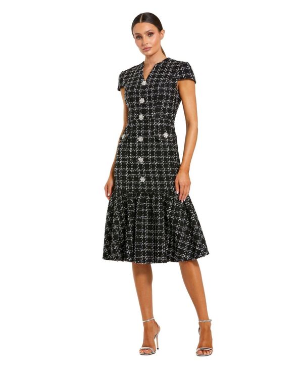 マックダガル レディース トップス ワンピース A ライン ミディワンピース ミディ キャップ Mac Duggal Women's Button Up Cap Sleeve Boucle A Line Midi Dress Black silver ブラック｜ReVida 店 64,240円
