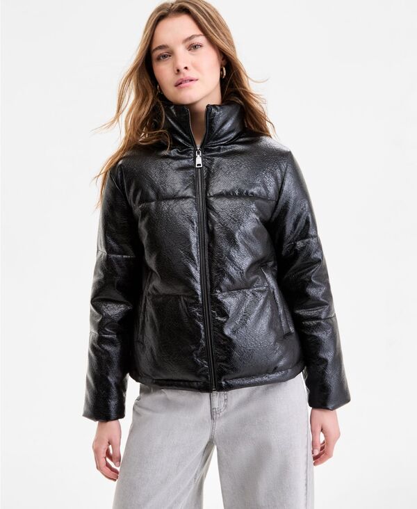 スティーブ マデン レディース アウター ジャケット・ブルゾン コート レザー Steve Madden Women's Textured Faux-Leather Puffer Coat Black Snake ブラック|ReVida 店
