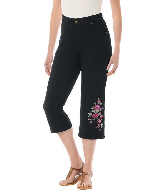 ウーマン ウィズイン レディース ボトムス デニムパンツ デニム キャップ ジーンズ Woman Within Women's Within Stretch Denim Five-Pocket Capri Jeans Black bloom embroidery ブラック
