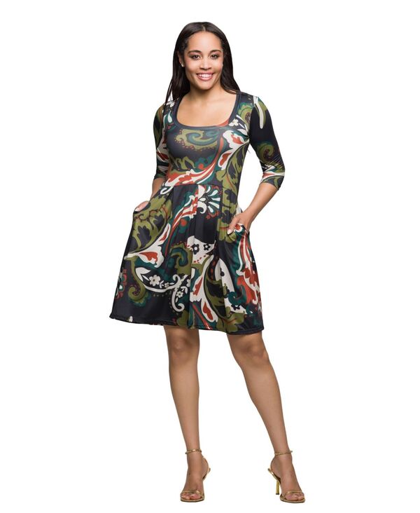 24 セブンコンフォート レディース トップス ワンピース 24seven Comfort Apparel Women's Three Quarter Sleeve Fit and Flare Dress Green Multi グリーン