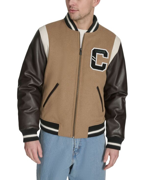 チャンピオン メンズ アウター ジャケット・ブルゾン ジャケット Champion Men's Mixed-Media Varsity Bomber Jacket Camel/Brown Combo ブラウン